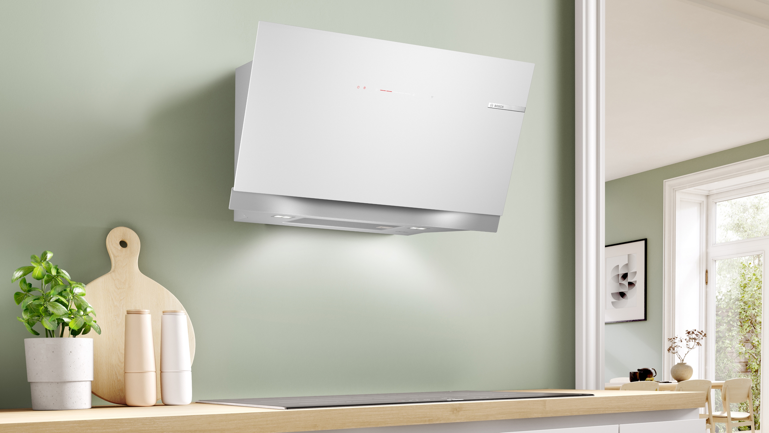 Series 8, wall-mounted cooker hood, 90 cm, clear glass white printed, DWK91LT20