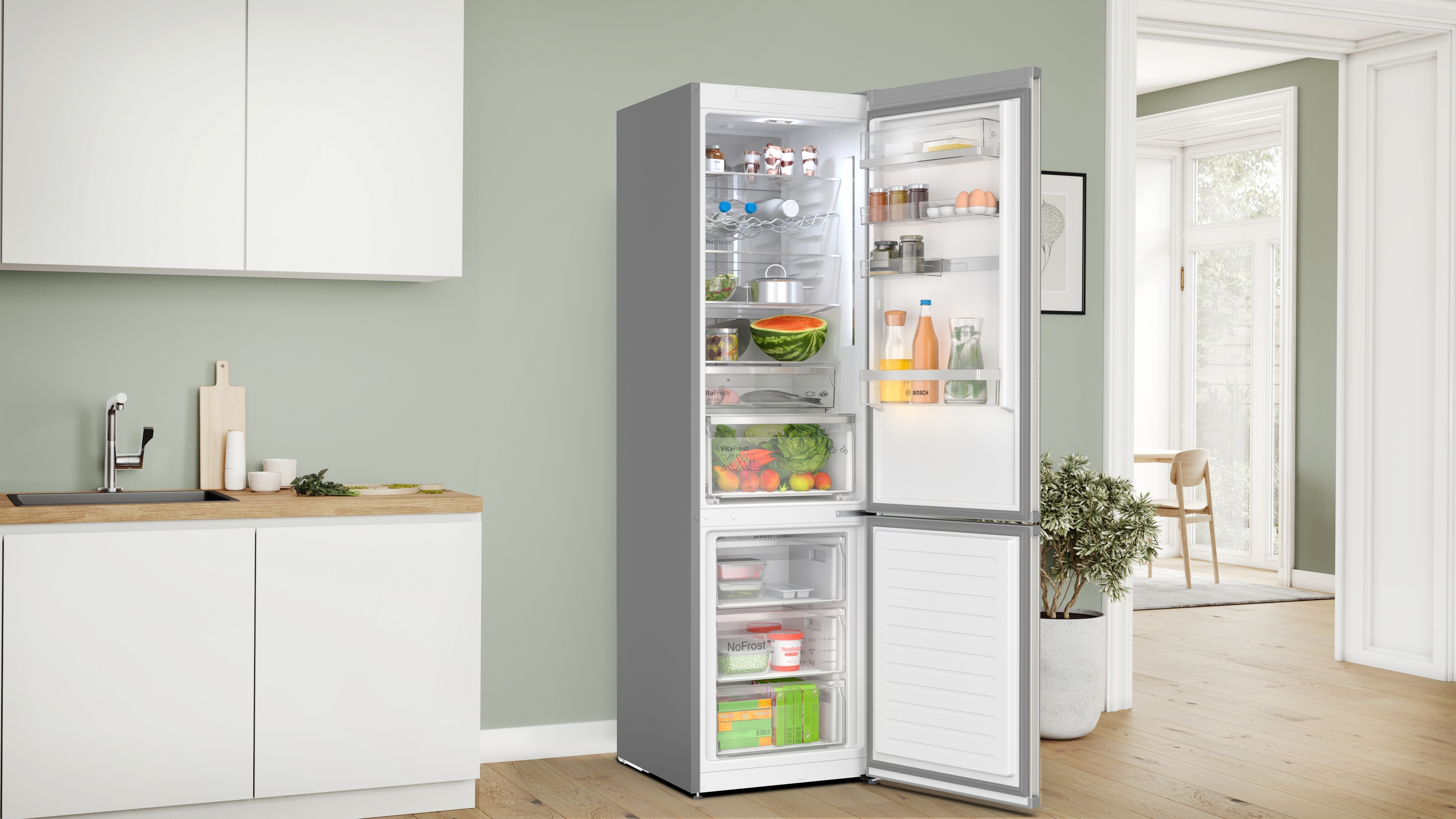 Series 6, free-standing fridge-freezer with freezer at bottom, 203 x 60 cm, Stainless steel (with anti-fingerprint), KGN394ICF