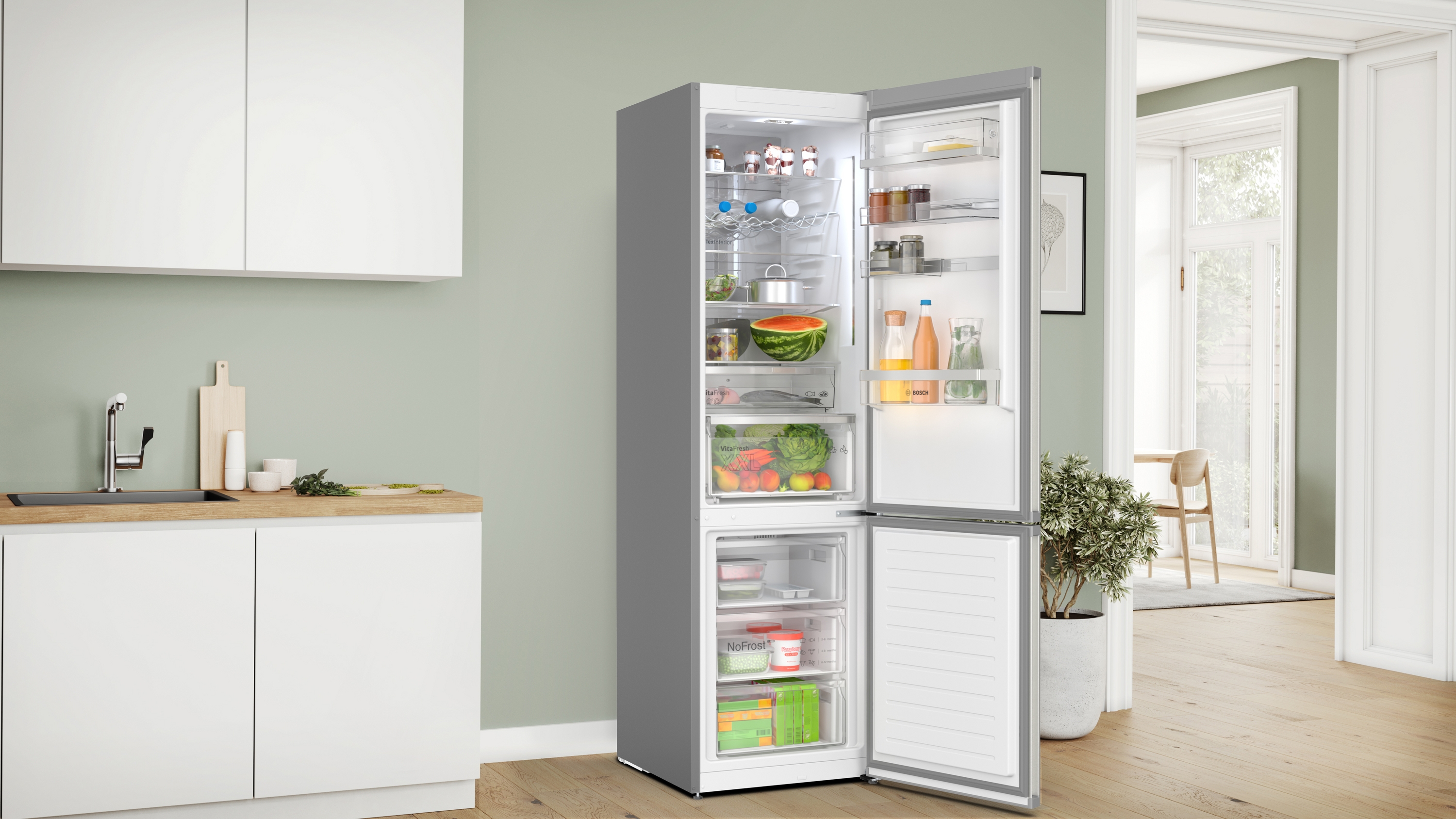 Series 6, free-standing fridge-freezer with freezer at bottom, 203 x 60 cm, Stainless steel (with anti-fingerprint), KGN394ICF
