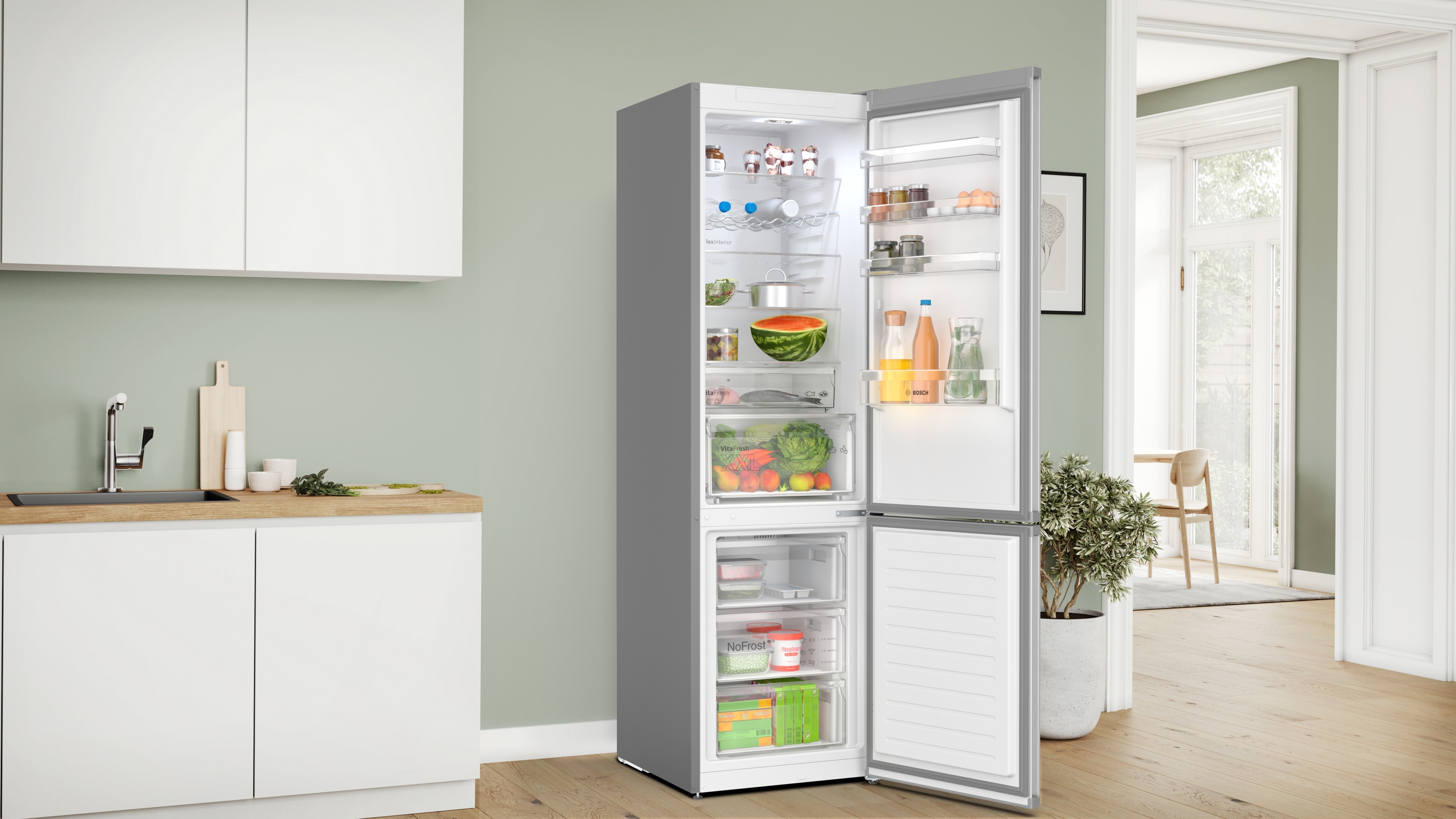 Series 4, free-standing fridge-freezer with freezer at bottom, 203 x 60 cm, Stainless steel look, KGN397LDF