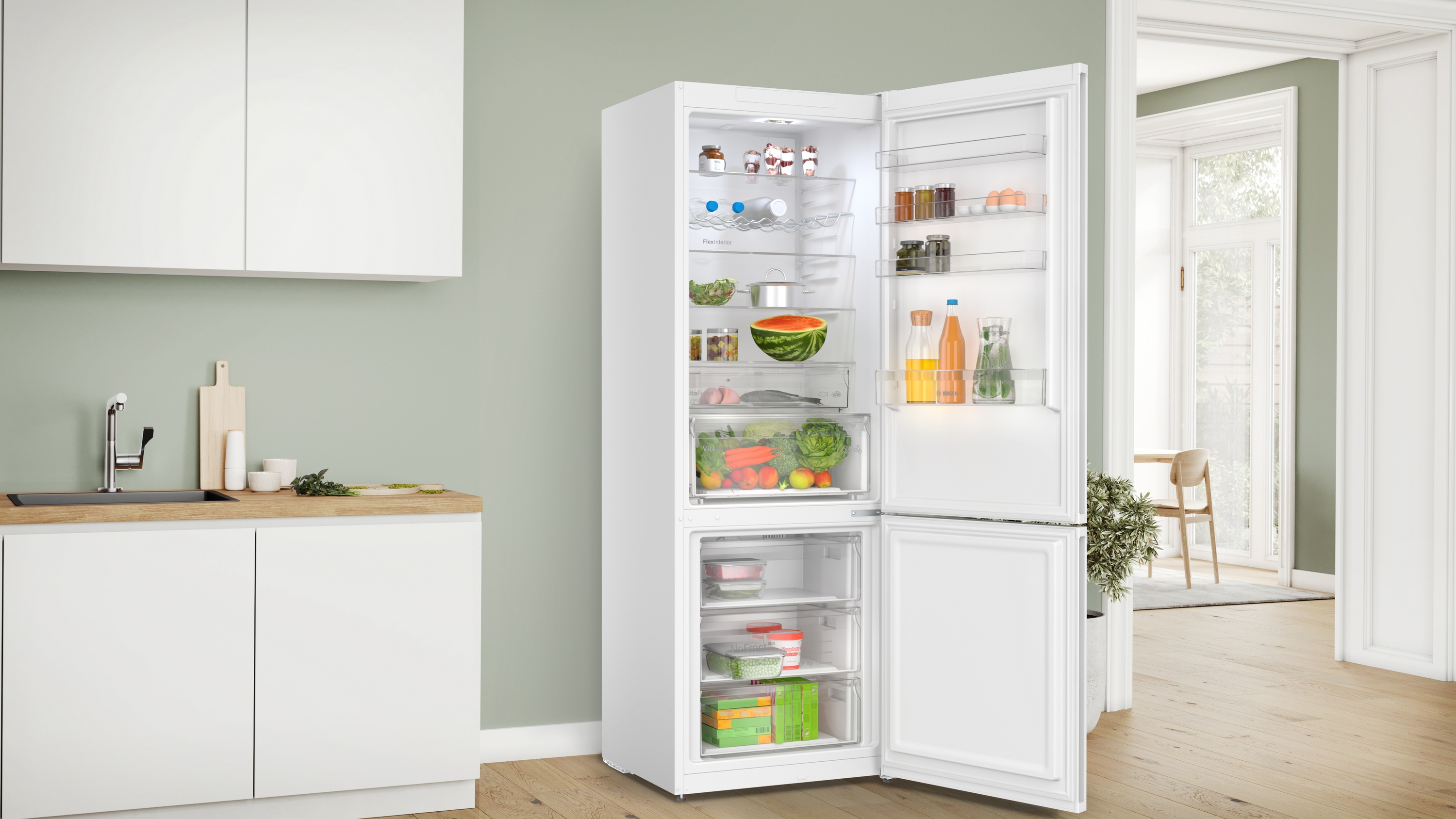 Series 4, free-standing fridge-freezer with freezer at bottom, 203 x 70 cm, White, KGN497WDF
