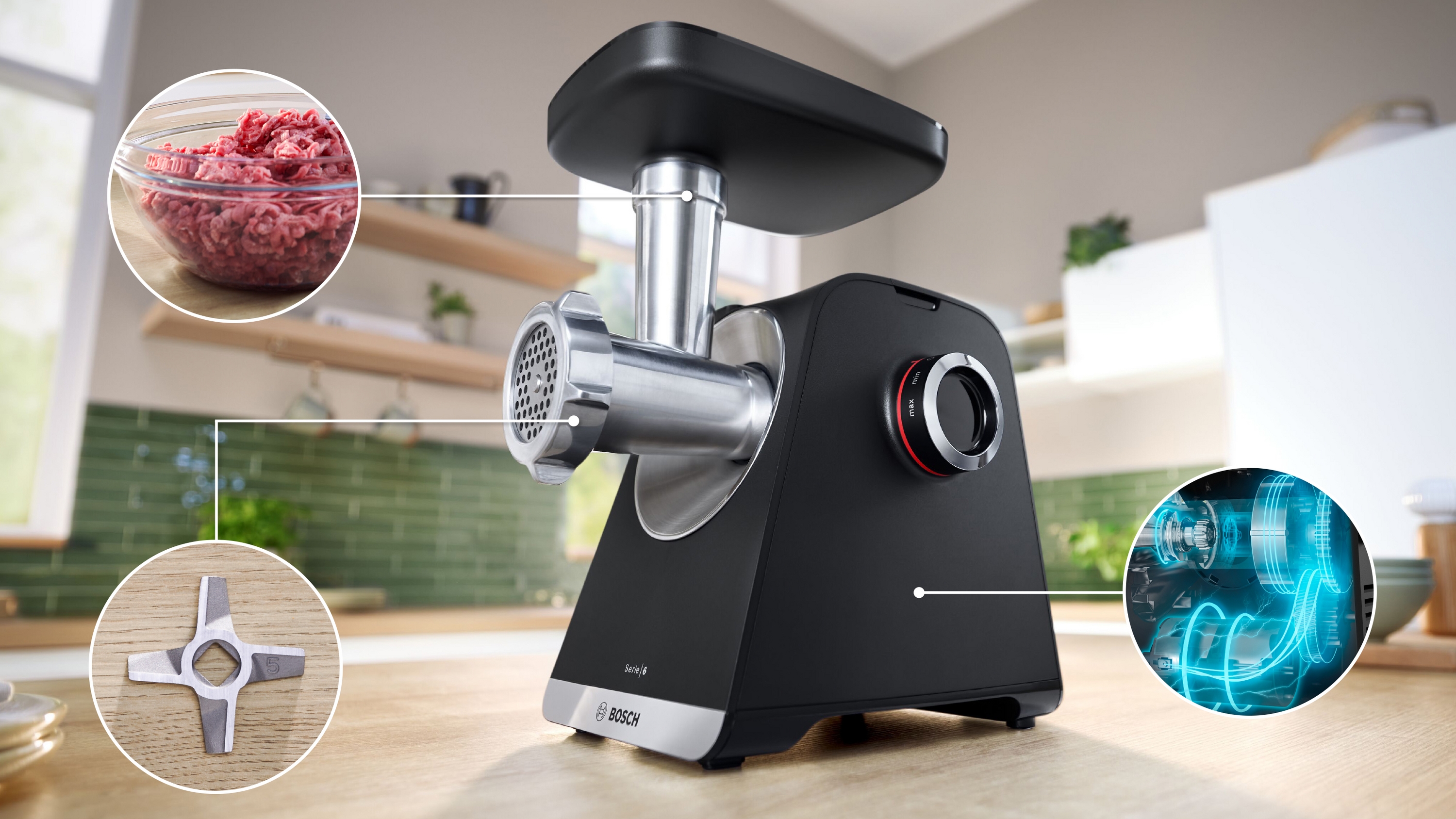 Series 6, Food mincer, MultiPower, 2100 W, Black, silver metalic, MFWS660B