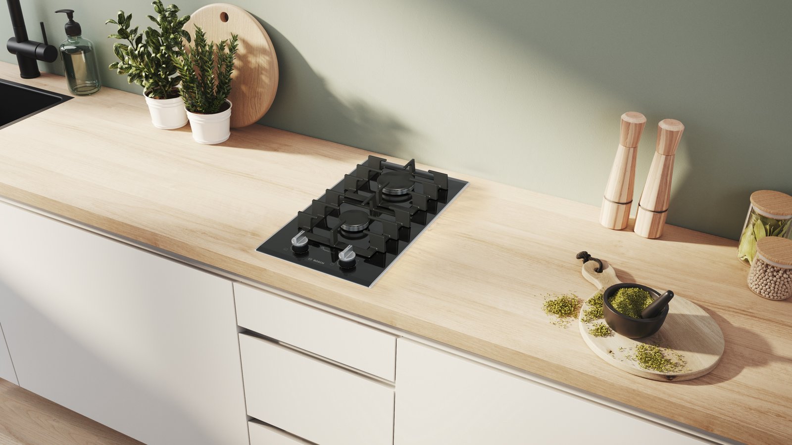 Serija 8, Domino plinska ploča za kuvanje, 30 cm, na keramici, Crna, PRB3A6I40