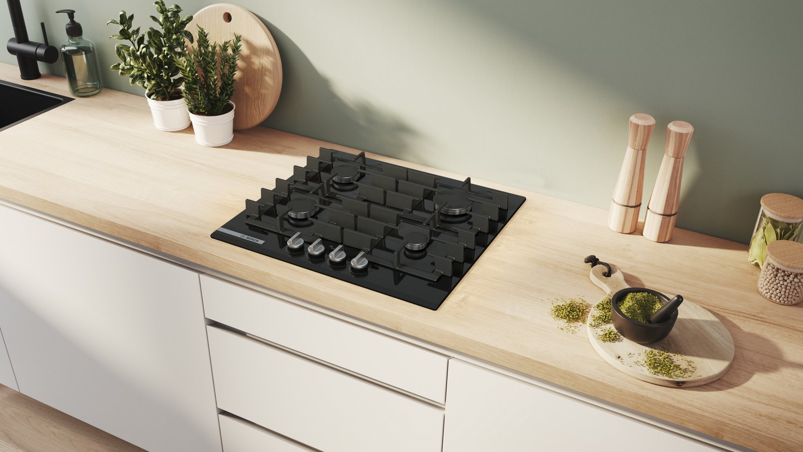 Serija 8, Plinska ploča za kuvanje, 60 cm, Kaljeno staklo, Crna, PRP6A6H40