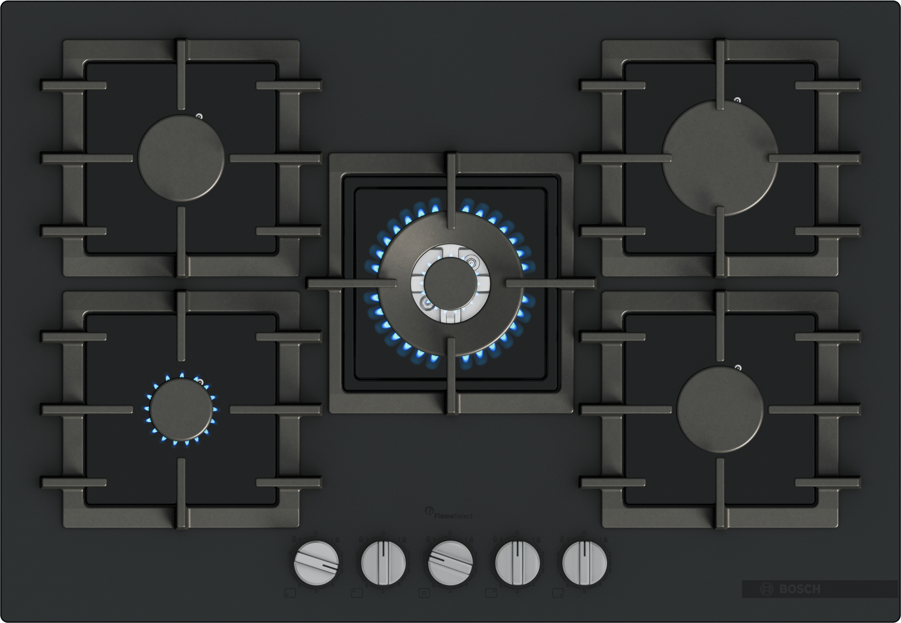Series 6, Gas hob, 75 cm, Tempered glass, Matt black, PPQ7AAI40
