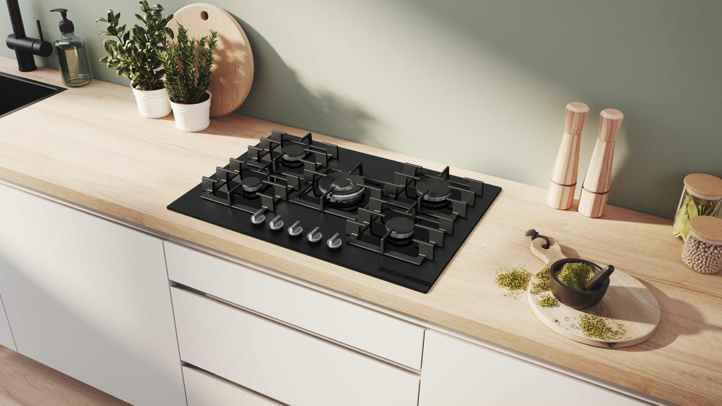 Series 6, Gas hob, 75 cm, Tempered glass, Matt black, PPQ7AAI40