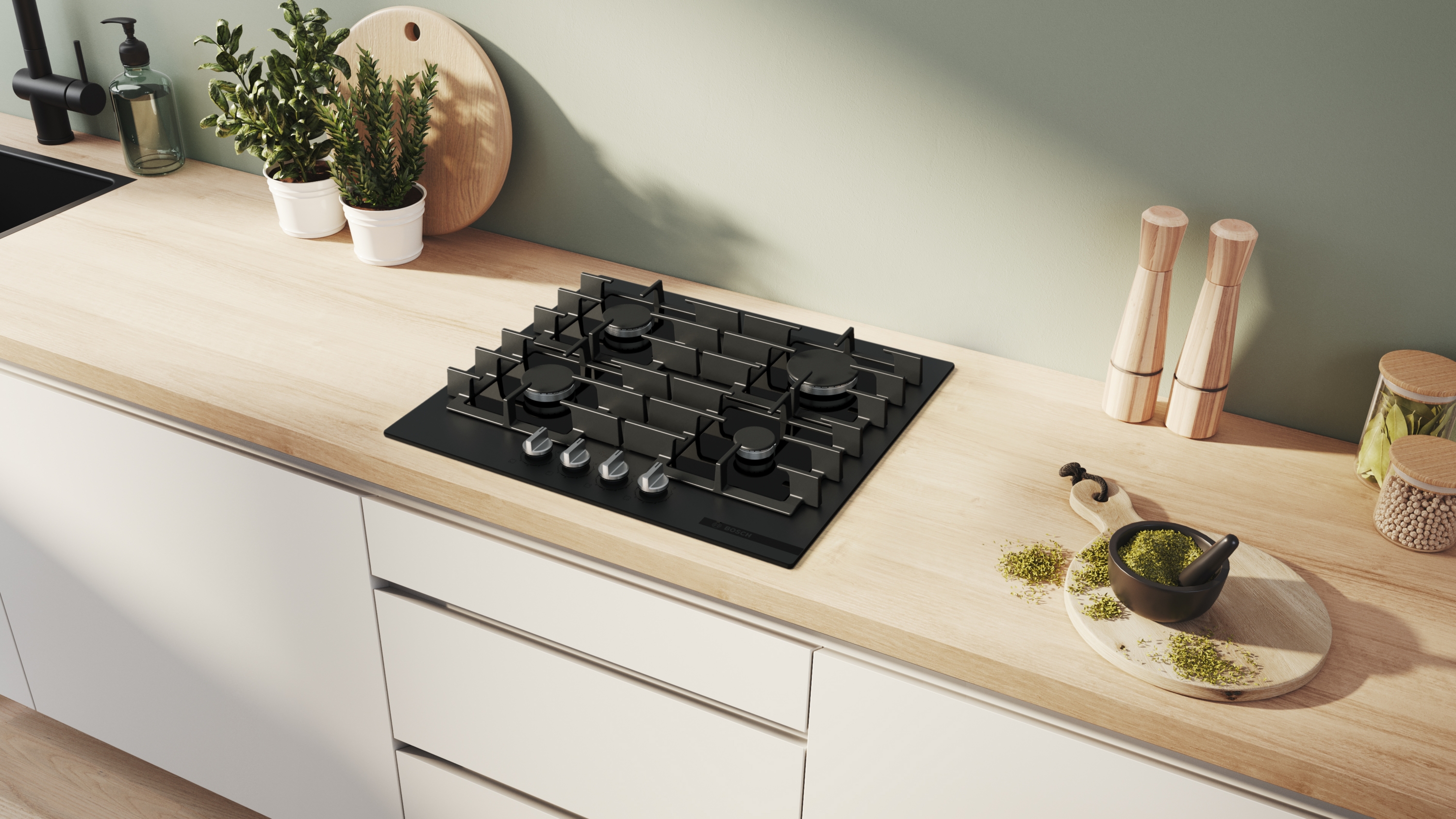 Series 6, Gas hob, 60 cm, Tempered glass, Matt black, PPP6AAI40