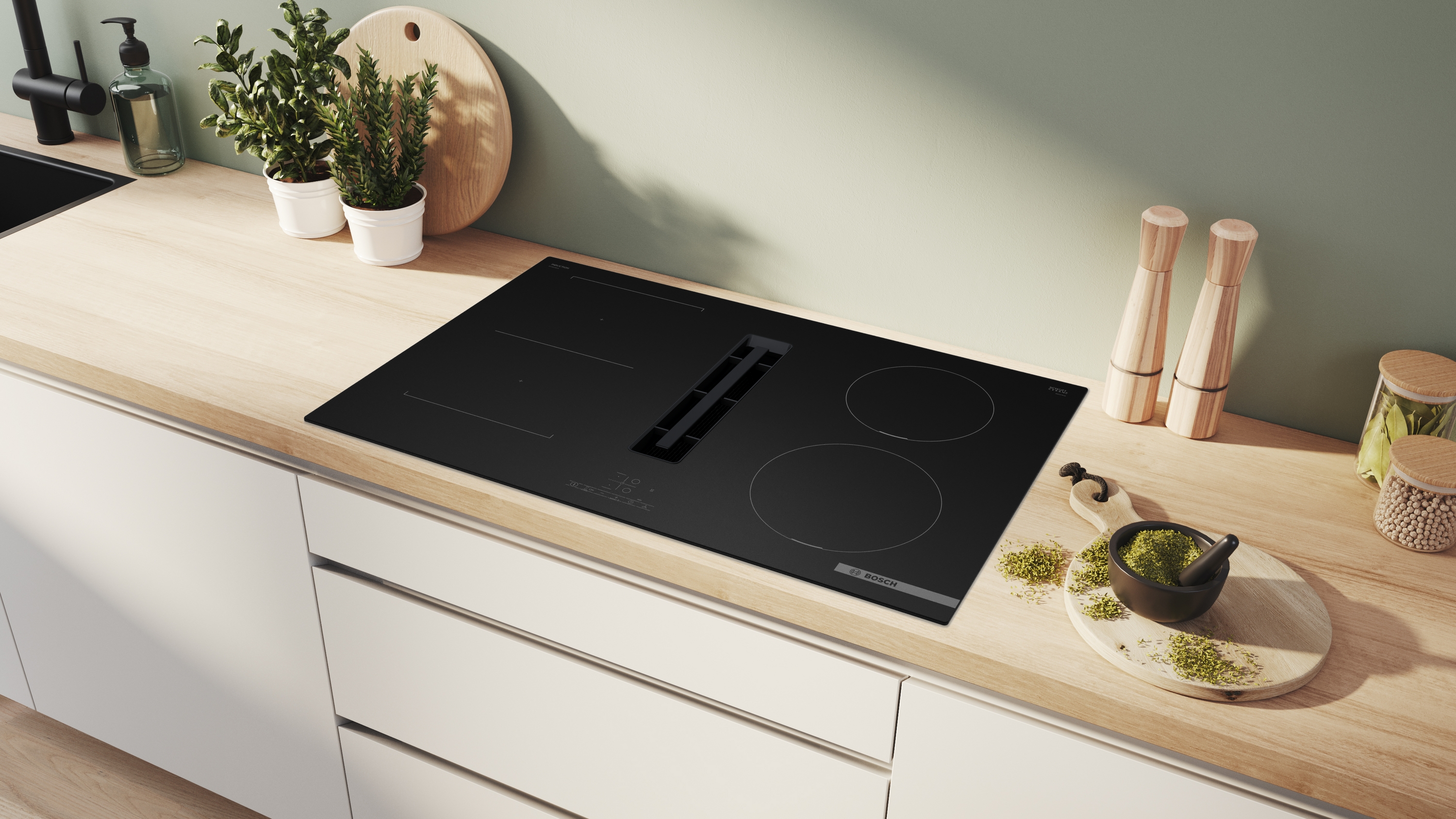 Series 4, Induction hob with integrated ventilation system, 80 cm, Matt black, surface mount without frame, PVS81AB16E
