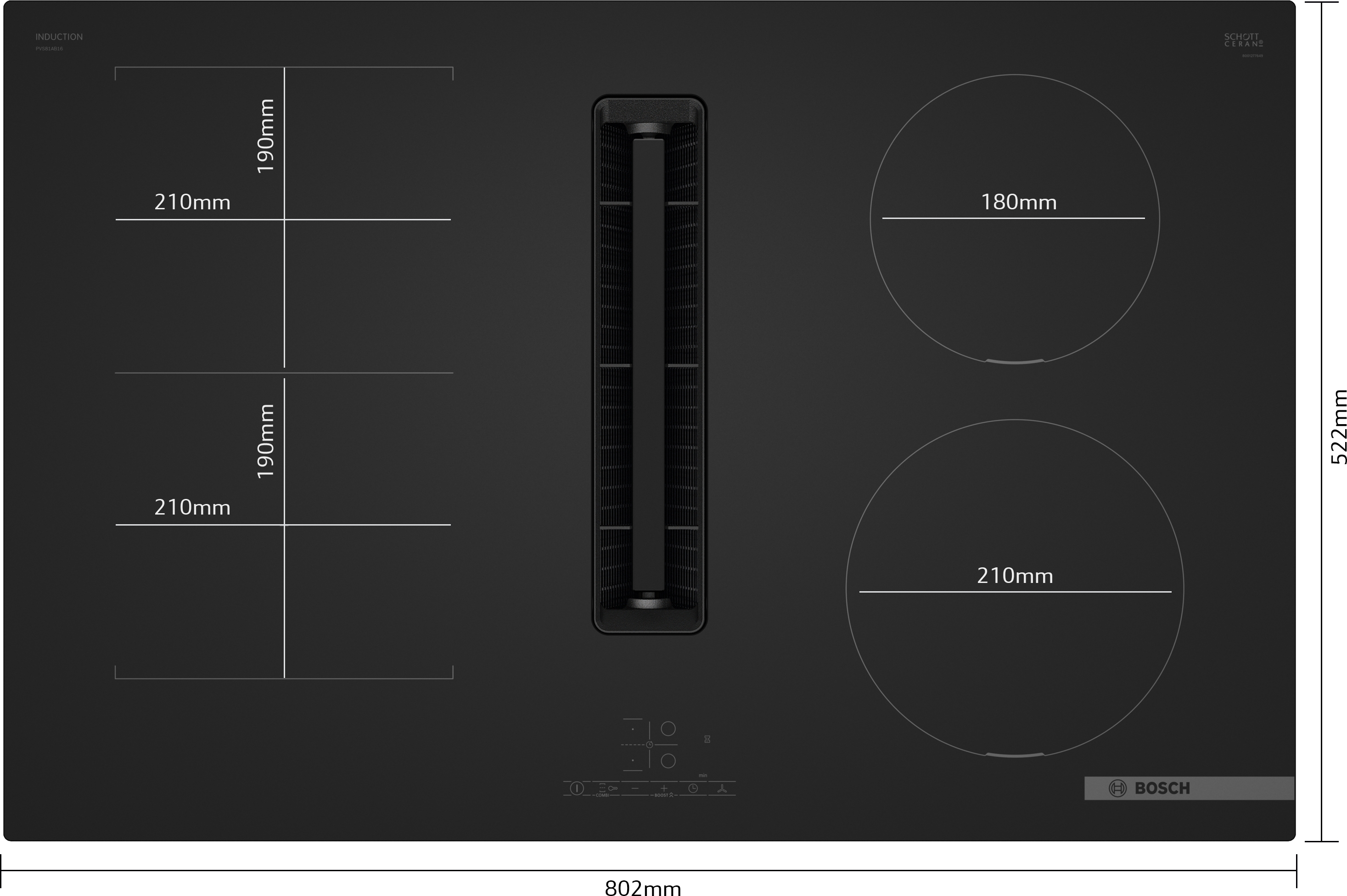 Series 4, Induction hob with integrated ventilation system, 80 cm, Matt black, surface mount without frame, PVS81AB16E